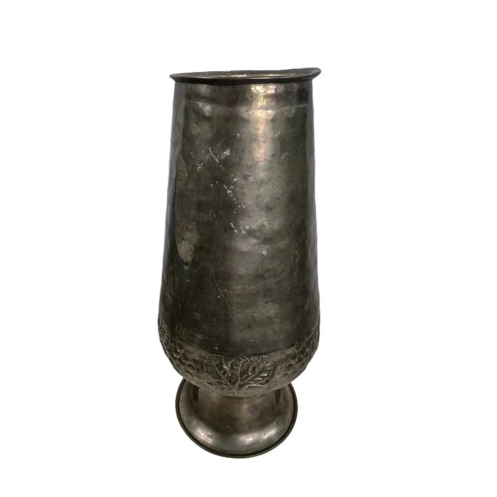 Vintage Distressed Tall Brass Embossed Urn Vase Vessel India 14.5
